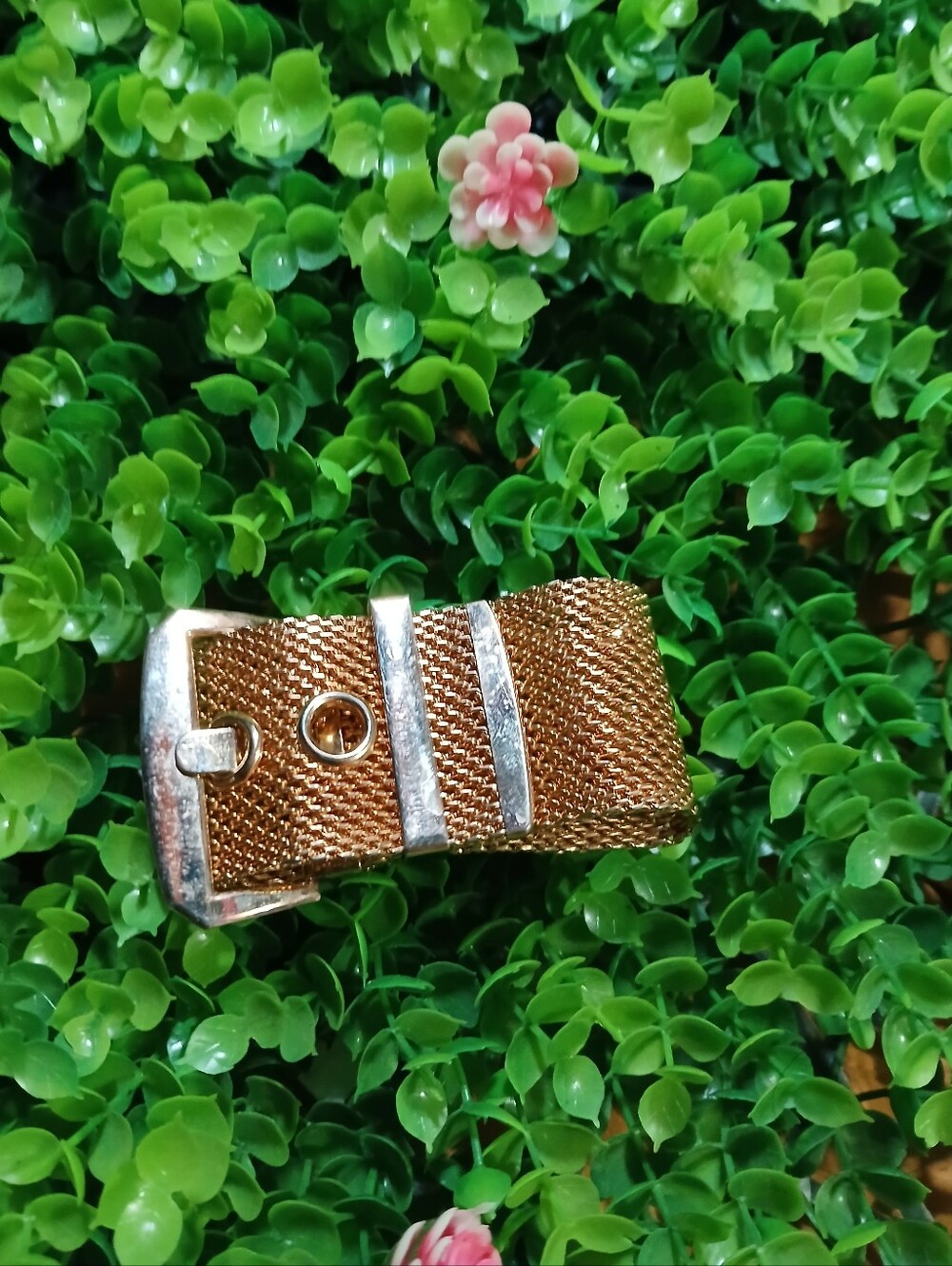 Gold Mesh Watch Band with Silver Buckle
